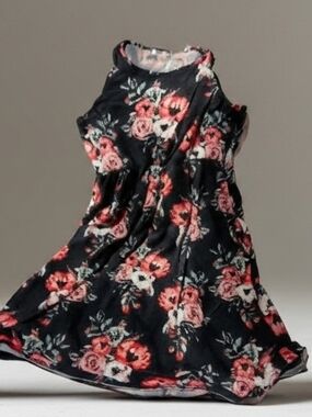 Girls Floral Swing Dress - Black with Pink Blooms